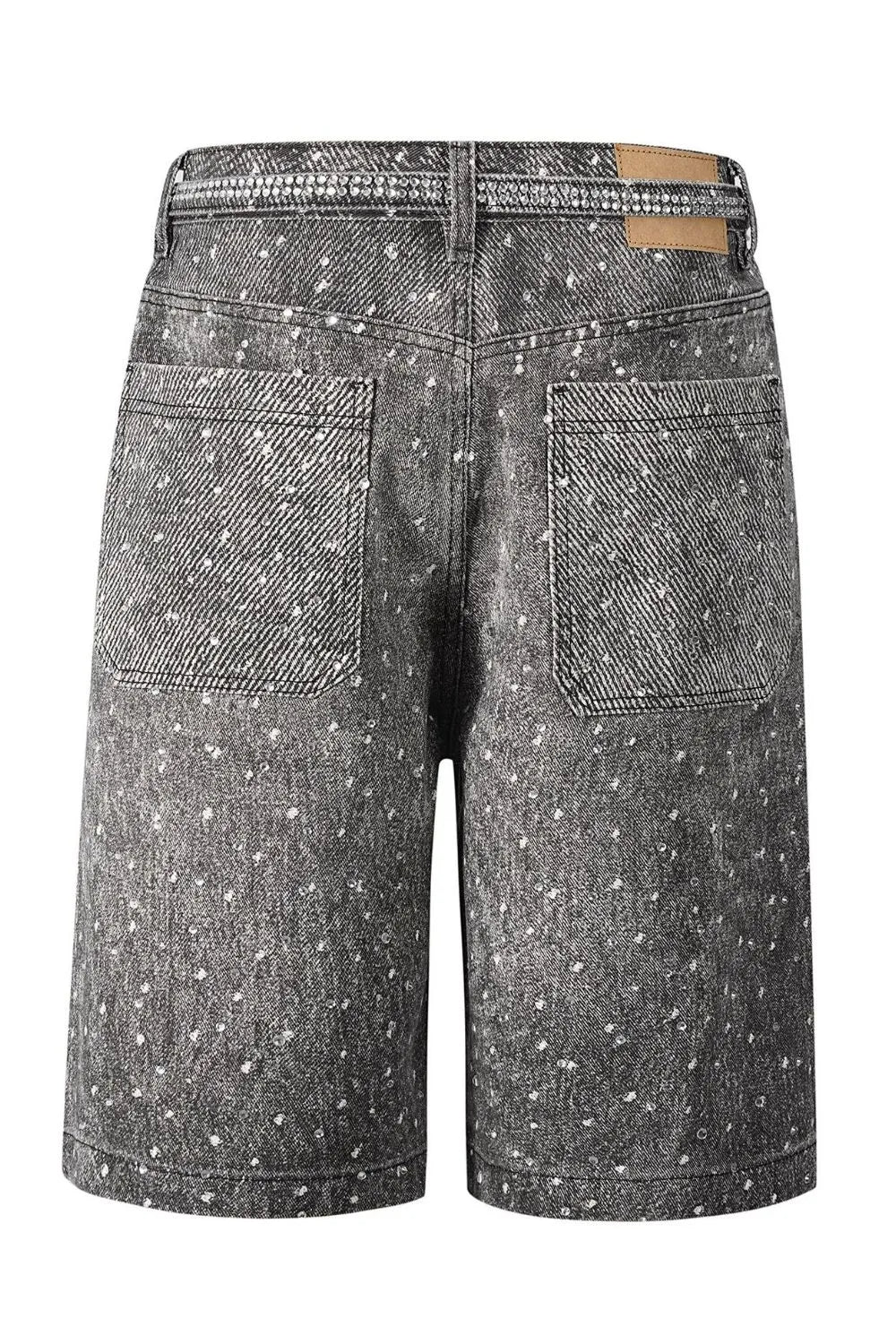 Embellished dark wash denim bermuda shorts with scattered white details and rhinestone waistband.