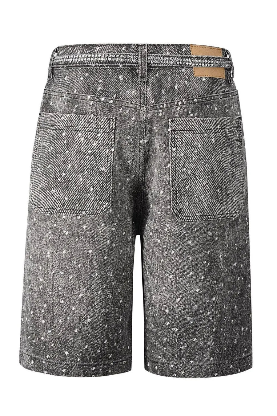Embellished dark wash denim bermuda shorts with scattered white details and rhinestone waistband.