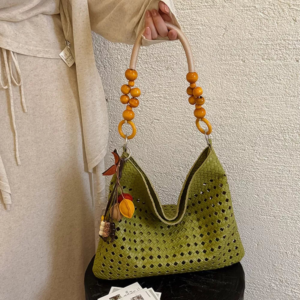 Cutout Shoulder Bag With Beaded Handle in Green