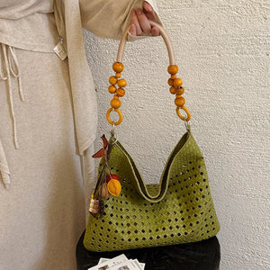 Cutout Shoulder Bag With Beaded Handle in Green