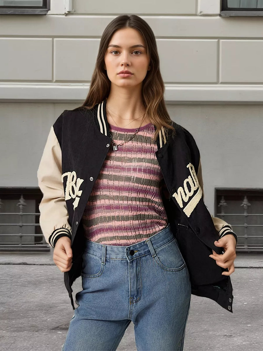 Green Contrast Baseball Jacket With Embroidered Lettering