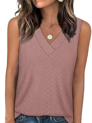 Dusty pink eyelet V-neck sleeveless tank top with a textured pattern.