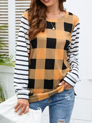 Plaid And Stripe Contrast Long Sleeve T-shirt in Sherbet