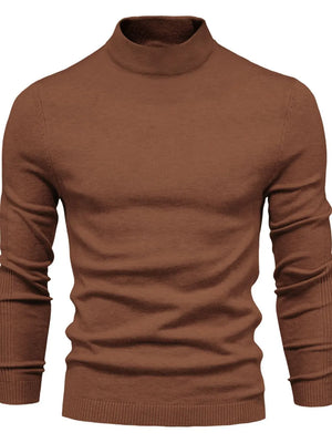 Brown ribbed mock neck sweater with sculpted shoulder detail and long sleeves.