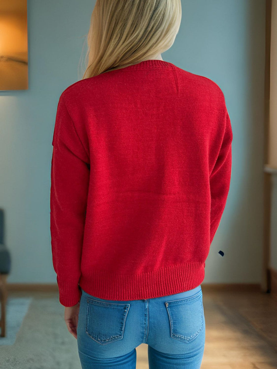 Deep red acrylic button-up cardigan with crew neck and ribbed trim.