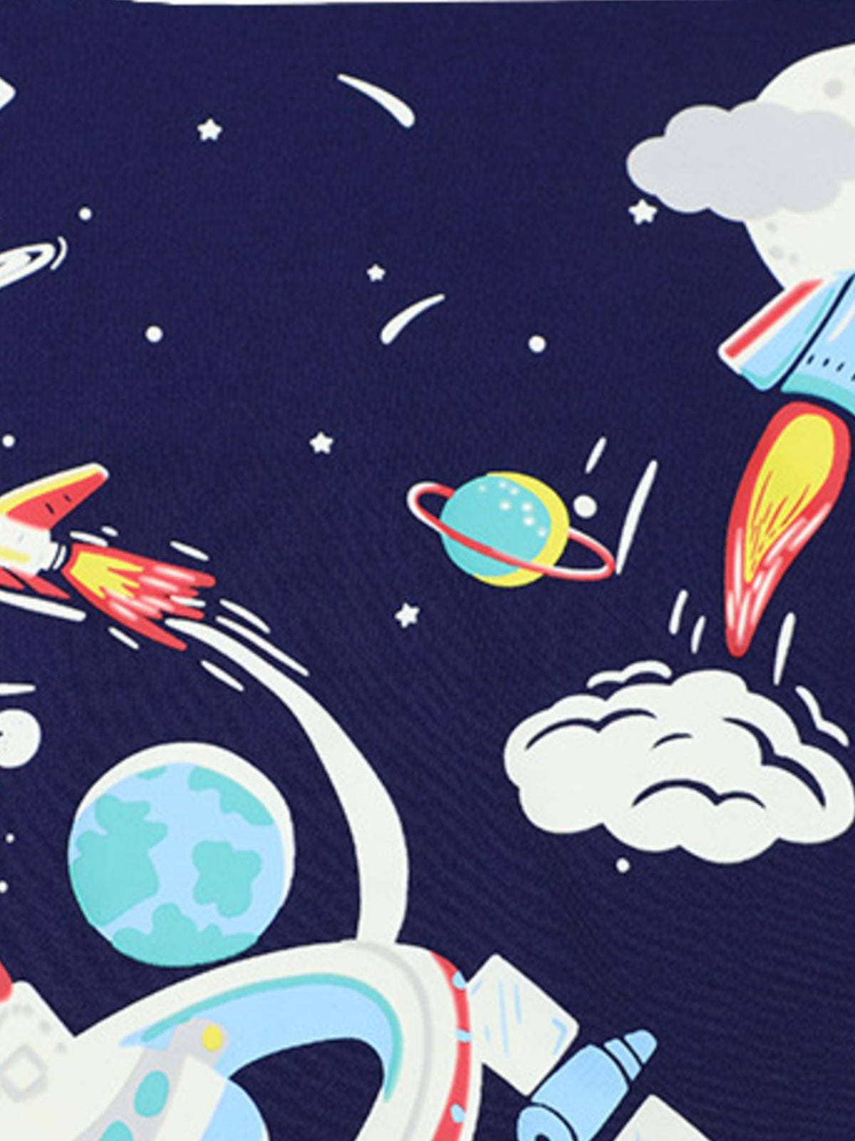 Toddler t-shirt with a navy blue background and a space adventure graphic featuring rockets, planets, and clouds.