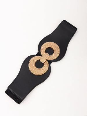 Black elastic belt with sculpted gold metalwork buckle detail