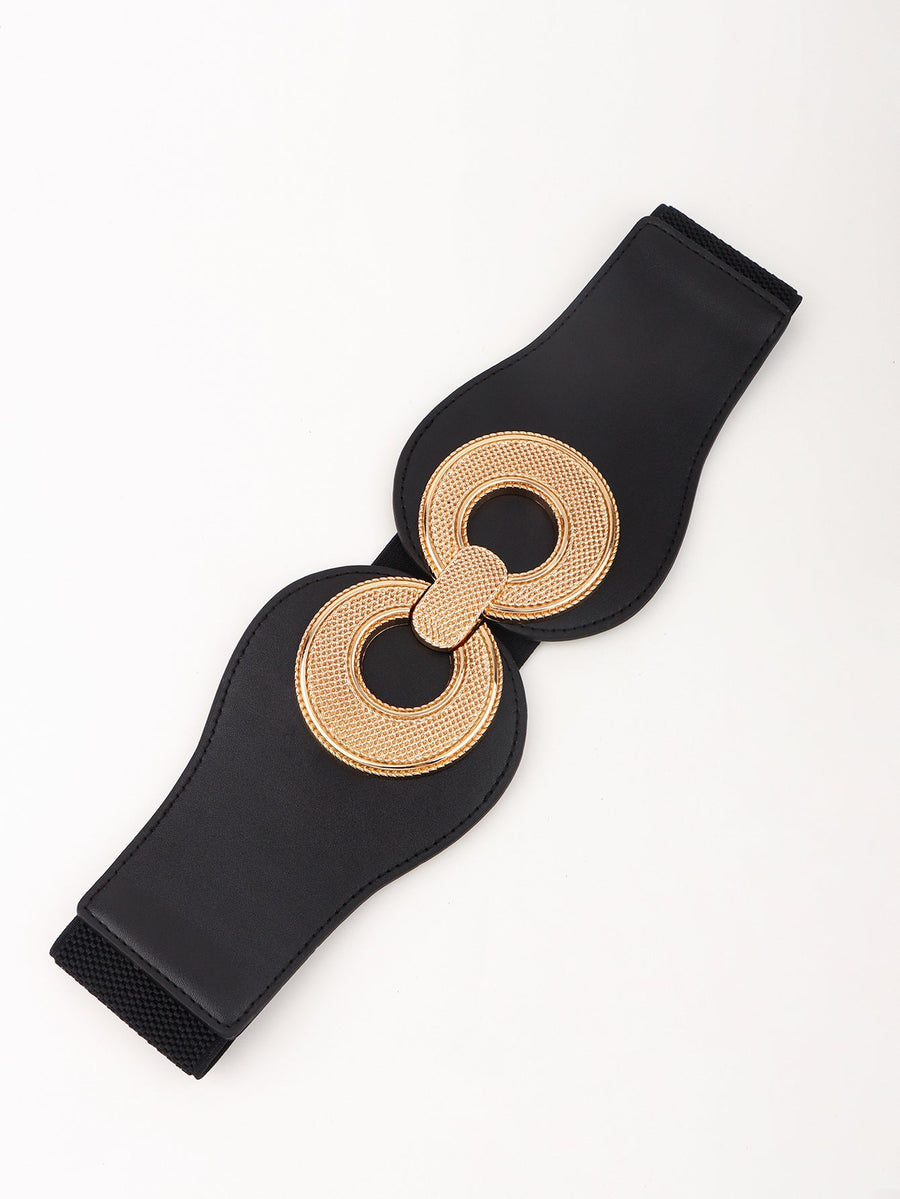 Black elastic belt with sculpted gold metalwork buckle detail
