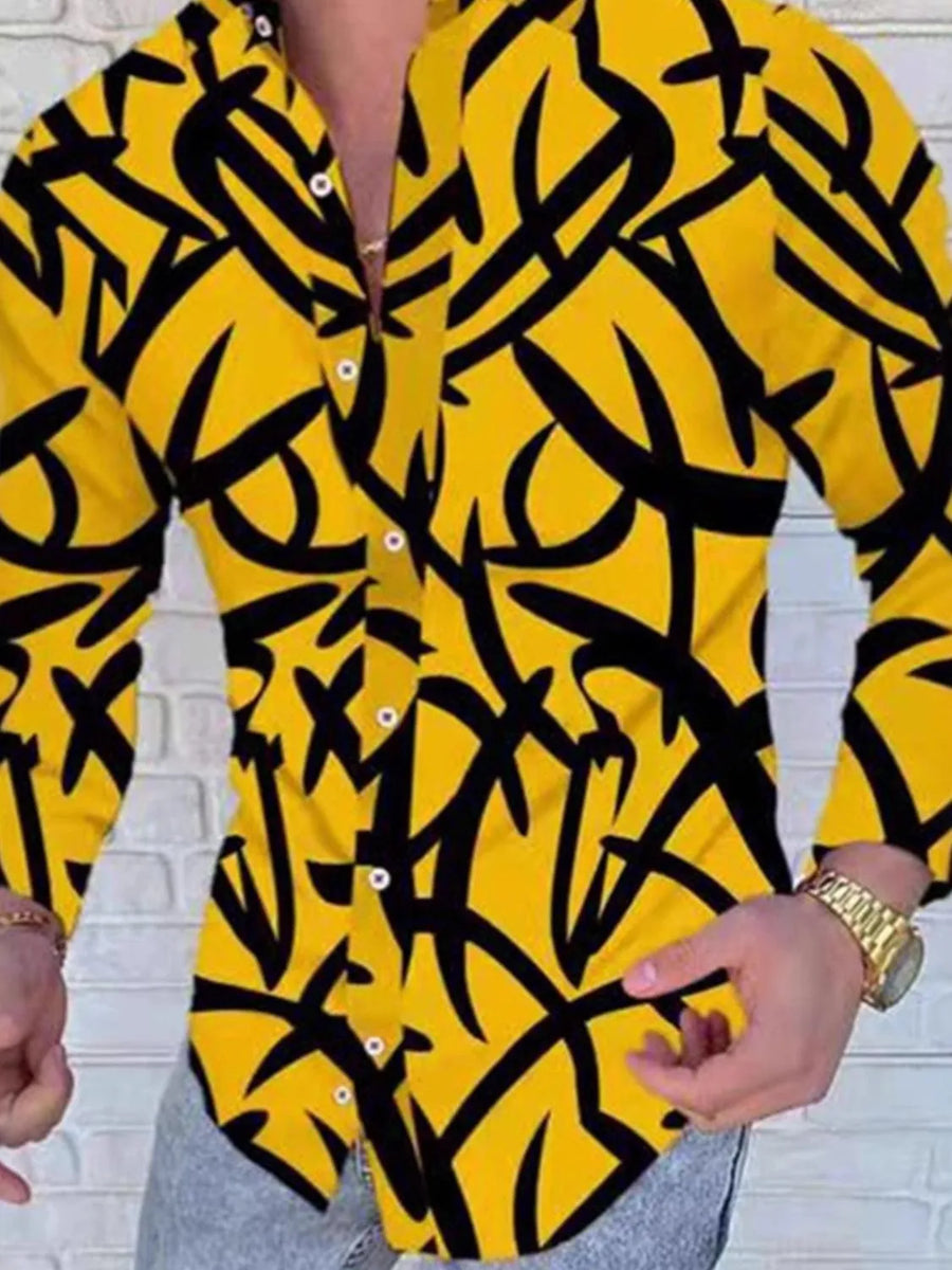 Yellow slim-fit shirt with abstract black scribble print and button-up front.