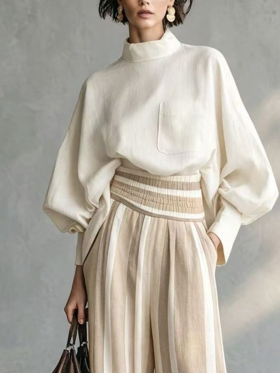 light brown blouse and wide-leg pants set featuring pocketed and striped