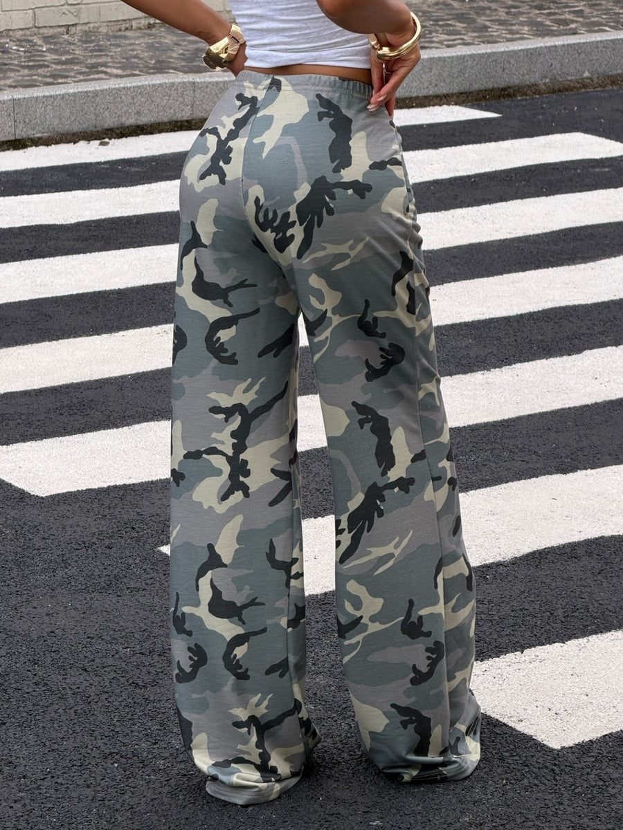 wide-leg pants in olive green with camo and elastic waist