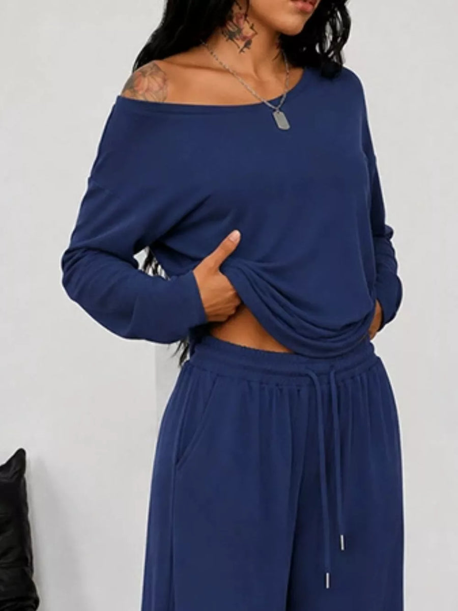 Dark Blue One-shoulder Top And Drawstring Pants Set Plus Size
