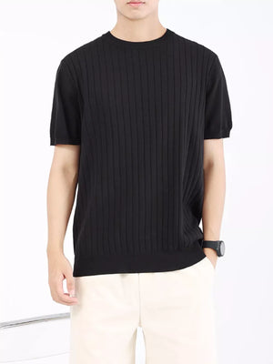 Men's black ribbed knit t-shirt with crew neck and short sleeves.
