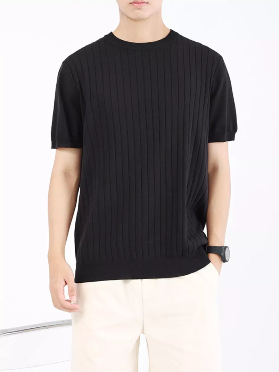 Men's black ribbed knit t-shirt with crew neck and short sleeves.