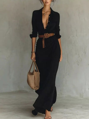 Khaki Elegant V-neck Ruched Maxi Dress With Belt