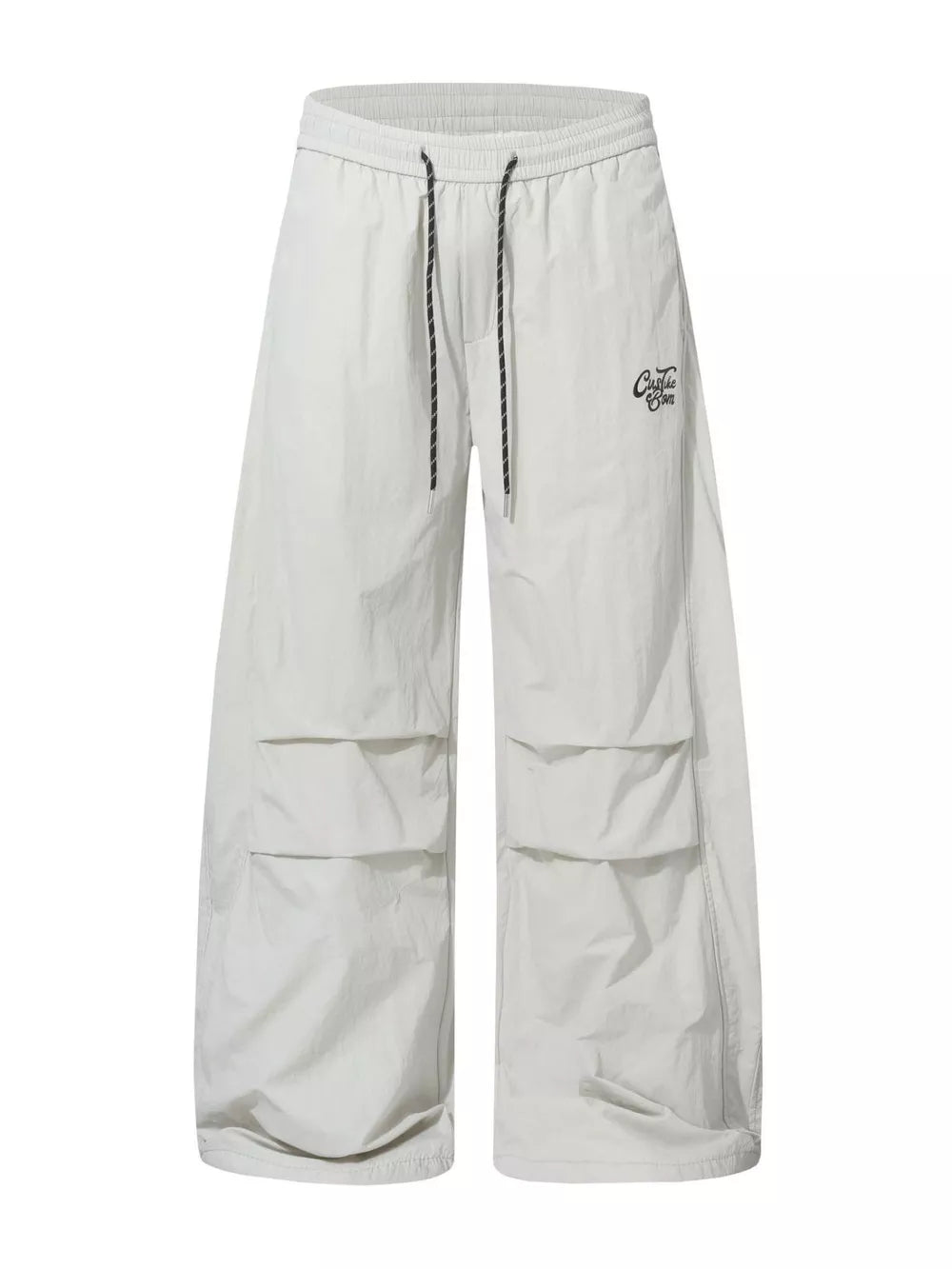 Men's cream white wide-leg cargo pants with drawstring waist and multiple flap pockets.