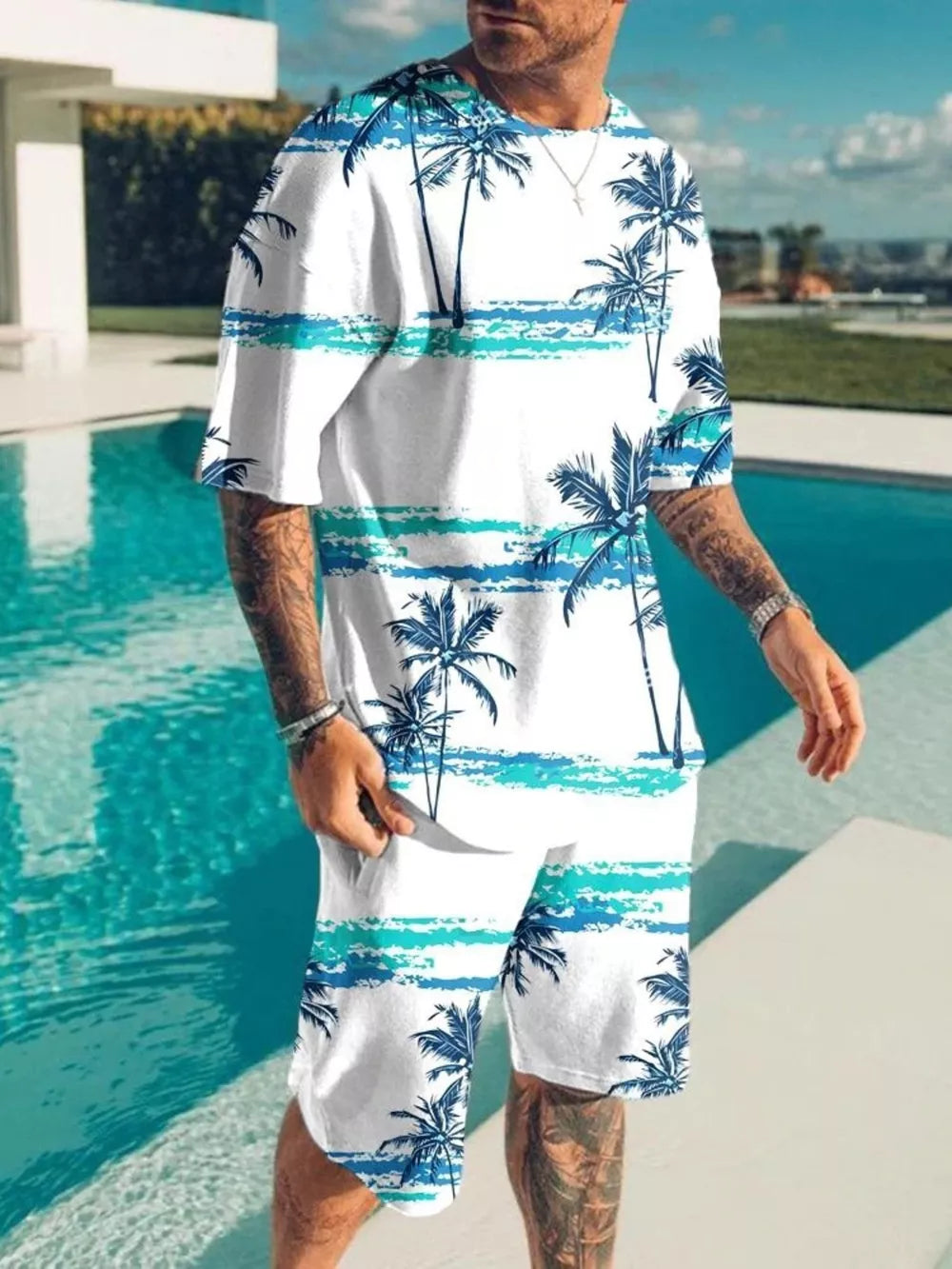 Black Men's Palm Tree Print Top And Shorts Set Plus Size