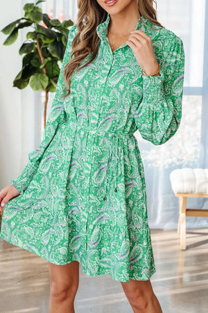 Gum Leaf Paisley Print Button-up Mini Dress