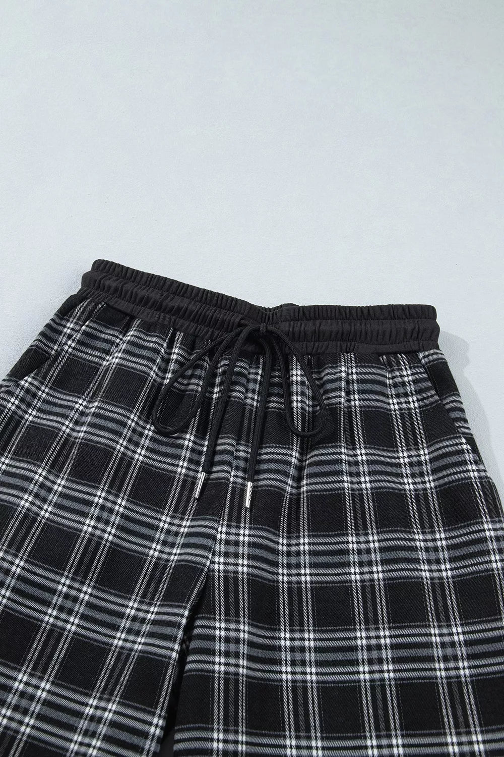 Plaid Wide-leg Drawstring Pants in black with drawstring waist