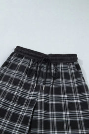 Plaid Wide-leg Drawstring Pants in black with drawstring waist