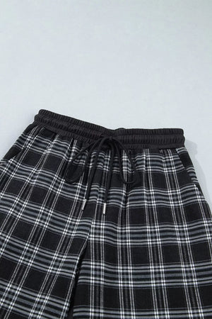 Plaid Wide-leg Drawstring Pants in black with drawstring waist