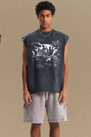 Black washed graphic sleeveless tee with raw edges and a distressed print.