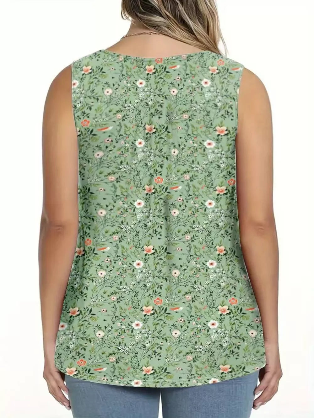 Light Green floral print henley tank top with button details and a curved hem.