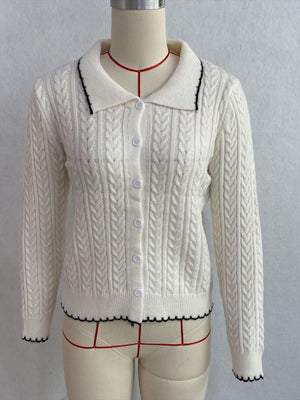 Cable Knit Polo Collar Button-Up Cardigan in White with cable-knit
