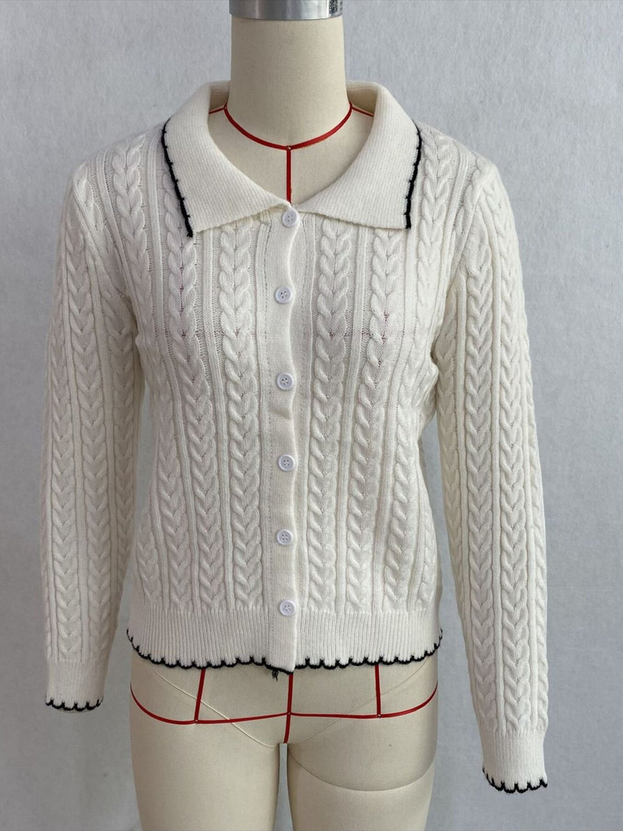 Cable Knit Polo Collar Button-Up Cardigan in White with cable-knit