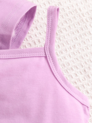 Violet toddler crop top with spaghetti straps and contrast stitching detail.