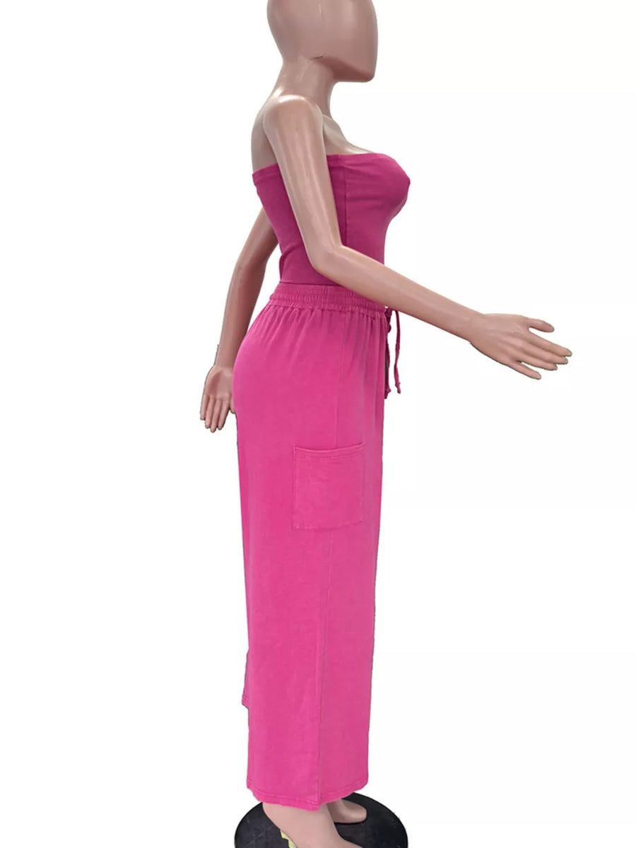 Pink strapless top and wide-leg pants set with drawstring waist and patch pocket