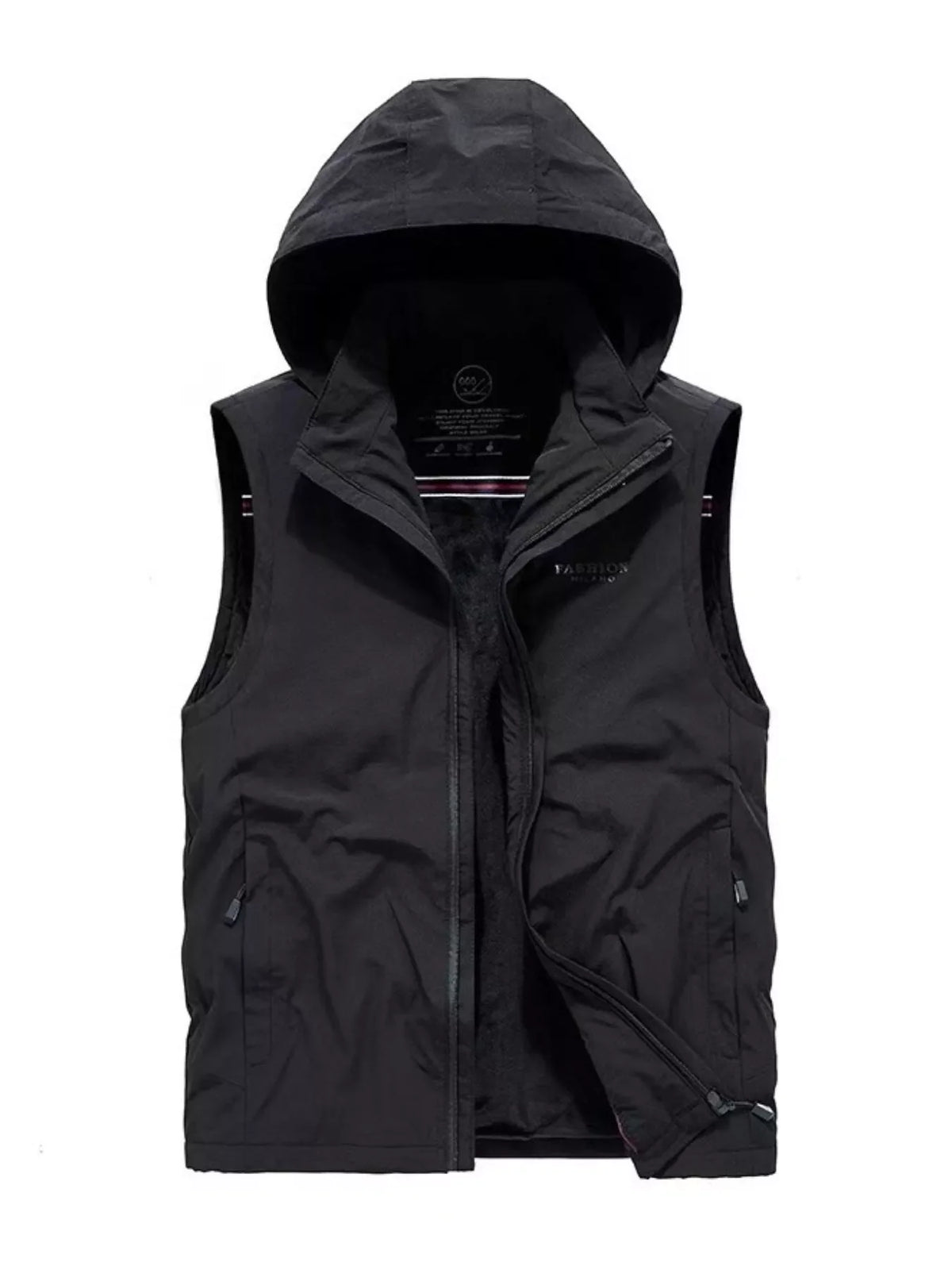 Black hooded zip vest with fleece lining and zippered pockets.