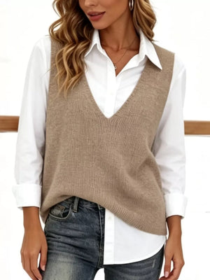 Chic V-neck Sleeveless Knit Sweater Vest Plus Size in Black
