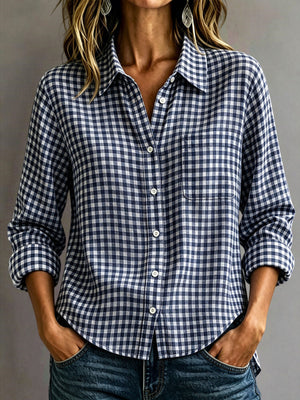 Dusty Blue button-down shirt with hip-length and button-front