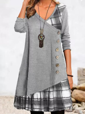 Light Gray Asymmetrical Plaid Patchwork Long Sleeve Dress