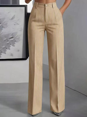 wide-leg pants in Khaki Color with buttoned and full-length