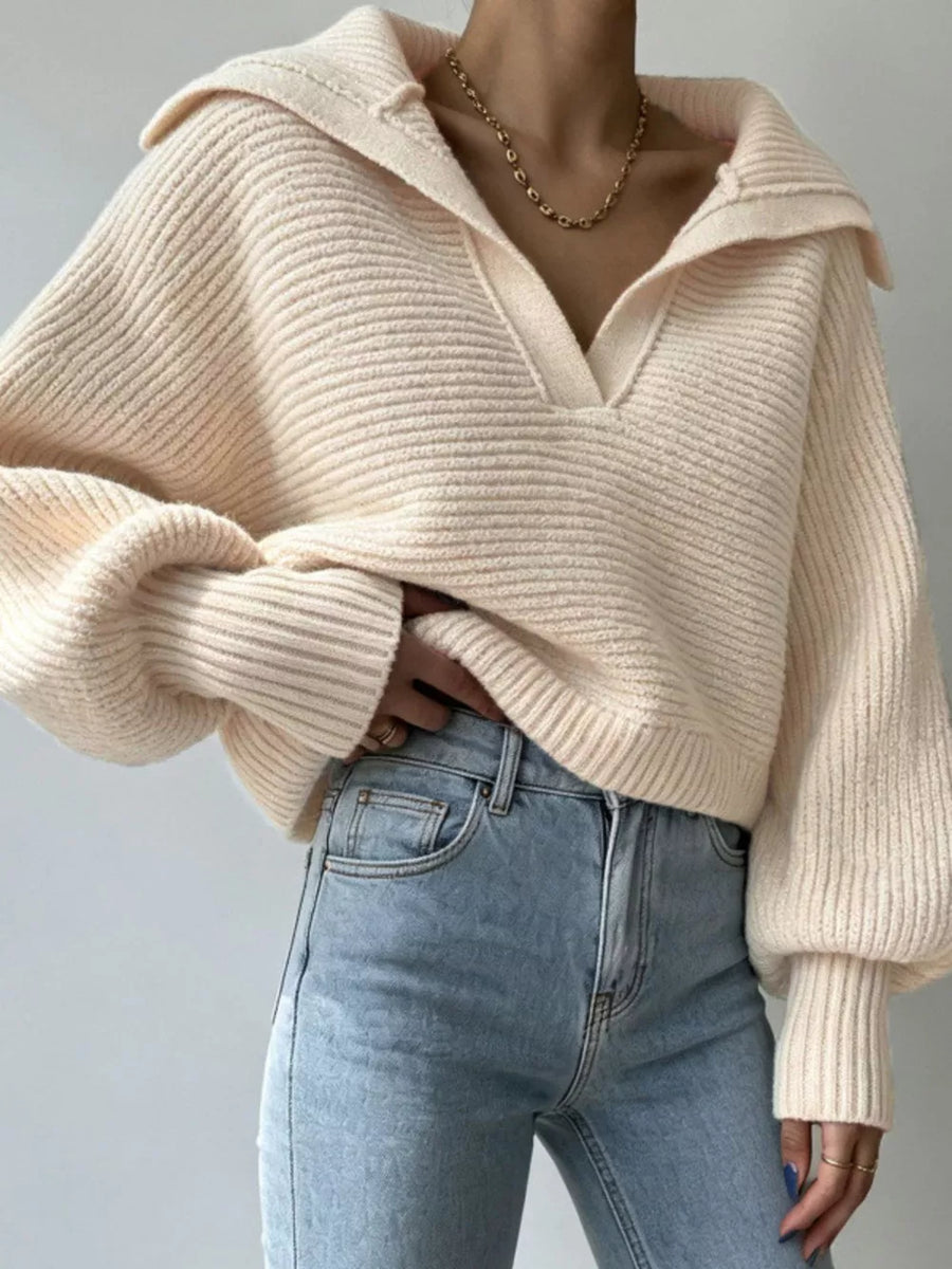 Khaki Oversized Collar Ribbed Cropped Sweater
