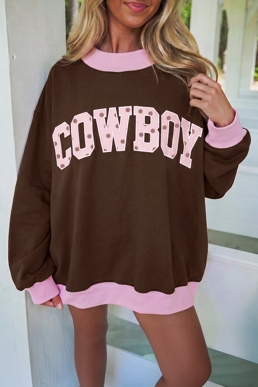 brown sweatshirt with color-block and crew neck