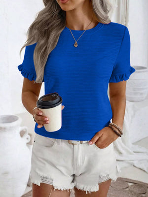 Blue textured t-shirt with ruffle cap sleeves and crew neck.