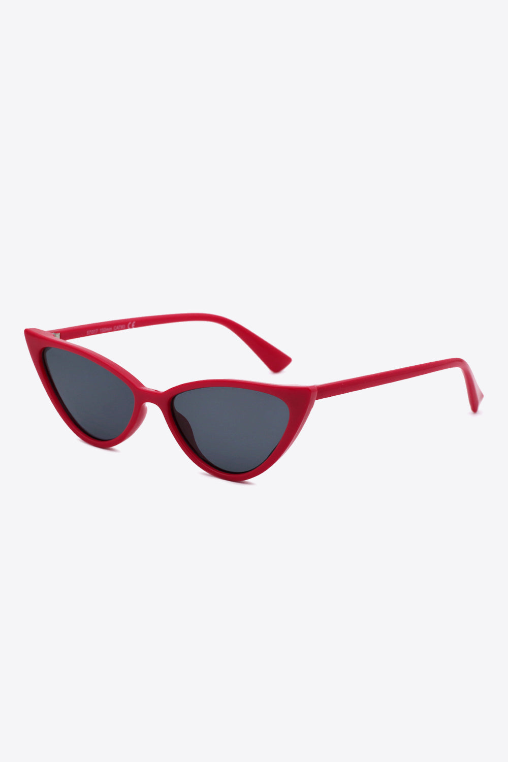 Crimson cat-eye sunglasses with dark lenses and bold frames.