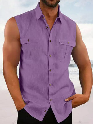 Blue Men's Sleeveless Button-up Shirt With Chest Pockets