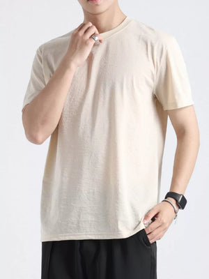 Men's apricot cotton t-shirt with crew neck and short sleeves.