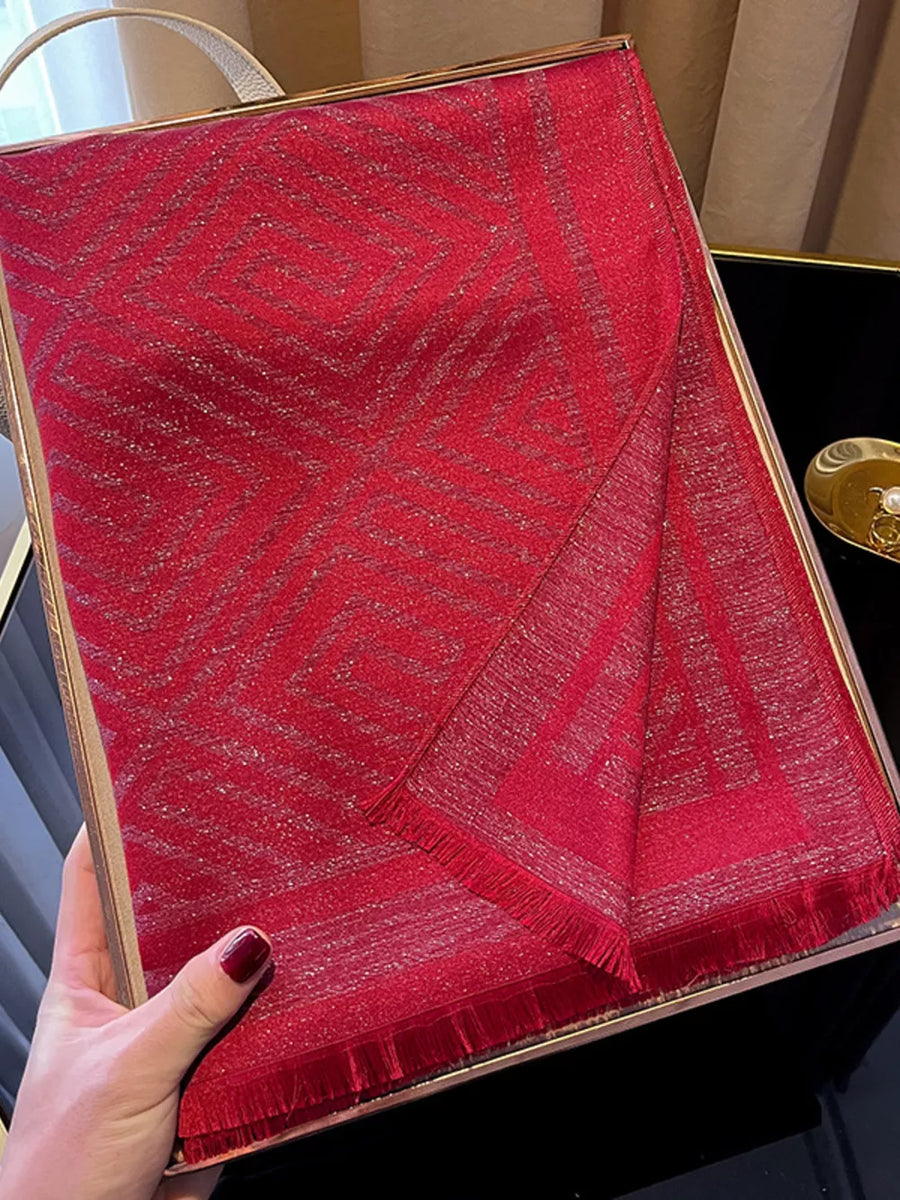Red Tencel cotton scarf with geometric pattern and fringe detail