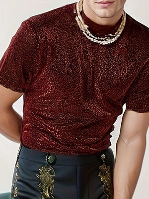 Burgundy velvet mock neck tee with a textured pattern.