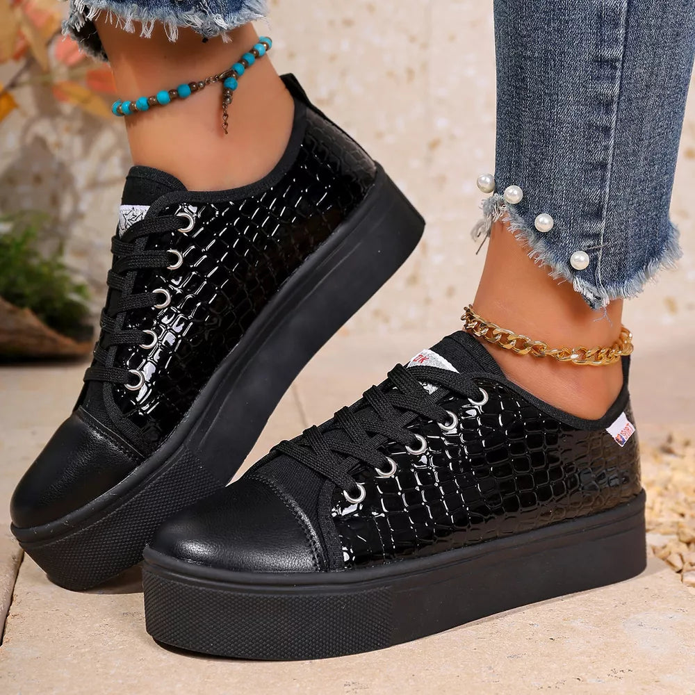 Black crocodile embossed platform sneakers with chunky sole