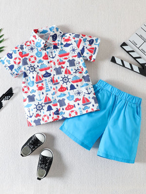 Toddler nautical print shirt and blue shorts set, cotton, collared, button-down.