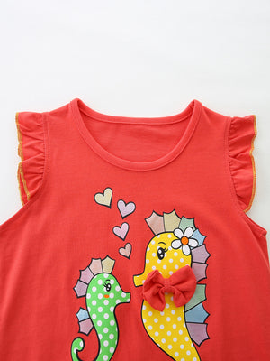 Red cotton top with ruffle sleeves and playful seahorse graphic with hearts