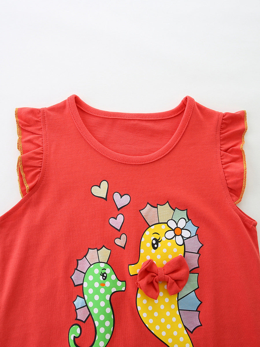Red cotton top with ruffle sleeves and playful seahorse graphic with hearts
