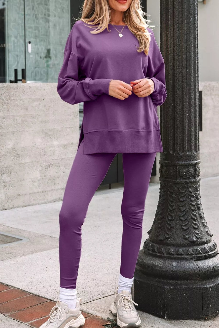 65% polyester, 35% cotton Care instructions: Machine wash cold lounge set in Mauve with relaxed silhouette