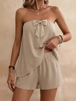 Khaki bowknot tube top and shorts set with elastic waist shorts